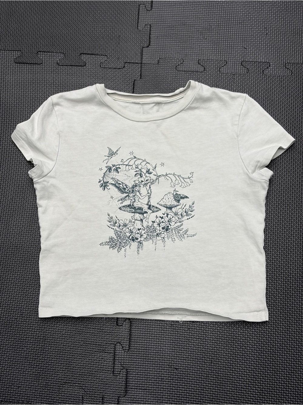 Disturbia White Crop Tee with Black Fairy & Mushroom Graphic